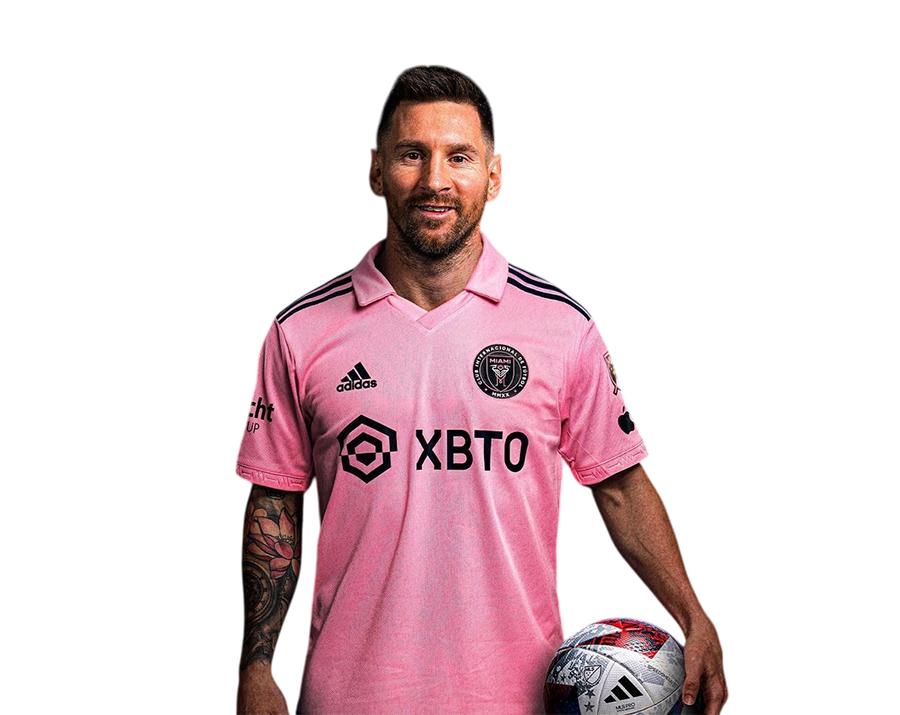 Lionel Messi smiling in the pink Inter Miami CF home jersey with a collar. Transparent PNG.