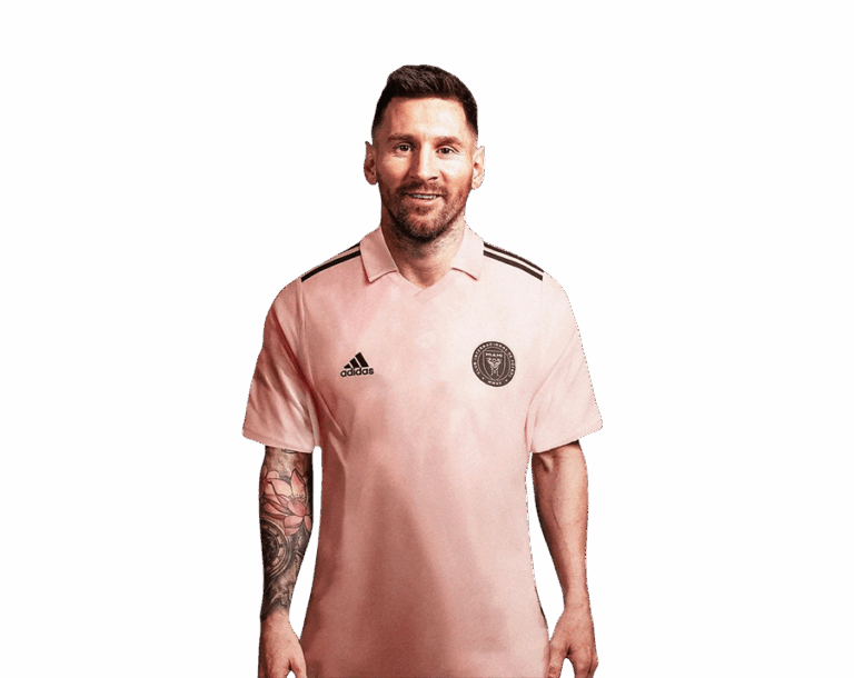 Lionel Messi smiling slightly in a plain pink Inter Miami CF jersey. Transparent PNG.