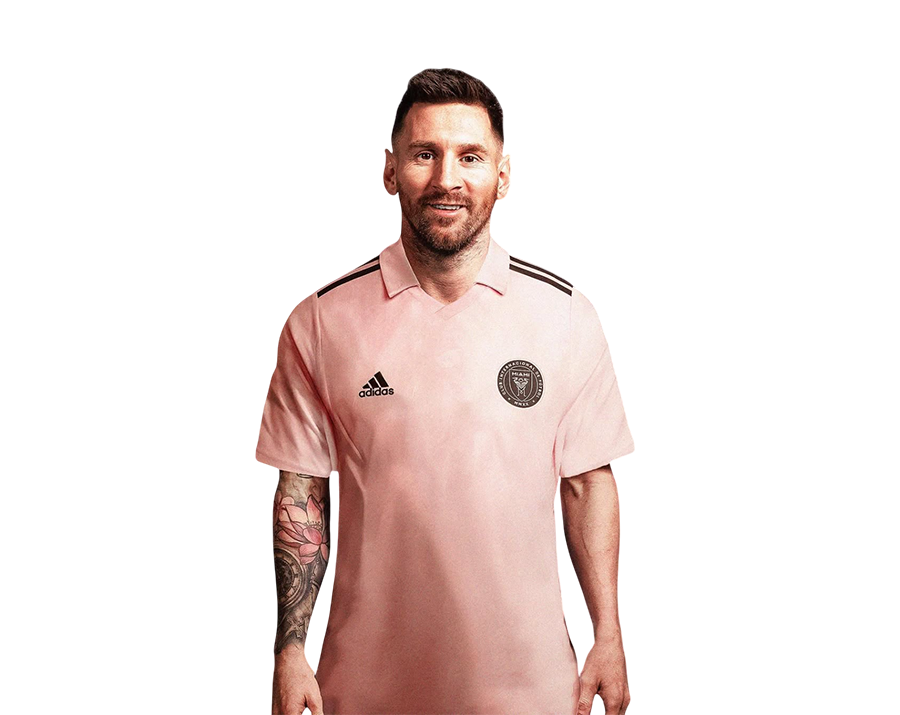 Lionel Messi smiling slightly in a plain pink Inter Miami CF jersey. Transparent PNG.