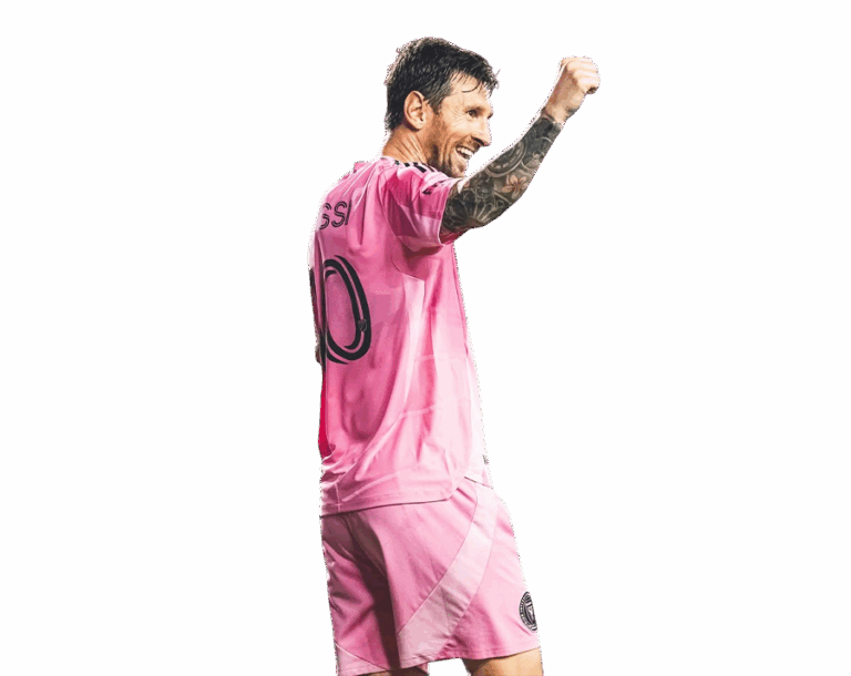 Lionel Messi in a pink soccer jersey with number 10 celebrating a goal