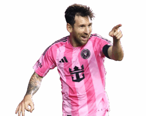 Lionel Messi in a pink striped Inter Miami kit, celebrating a goal and pointing with his right hand. Transparent PNG.