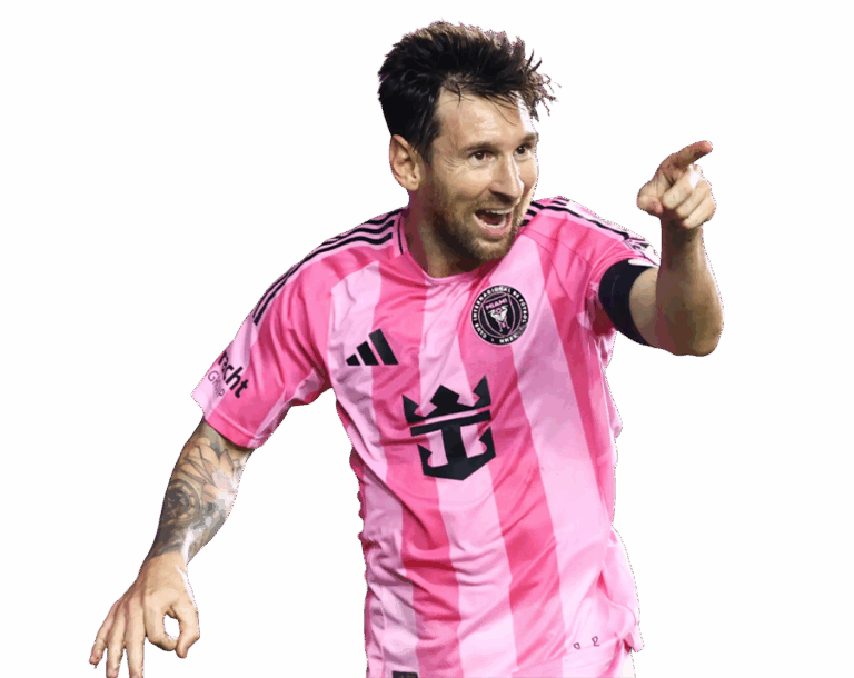Lionel Messi in a pink striped Inter Miami kit, celebrating a goal and pointing with his right hand. Transparent PNG.
