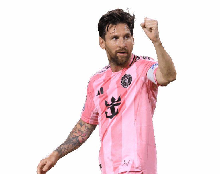 Lionel Messi celebrating with a raised fist in his pink striped Inter Miami CF jersey. Transparent PNG.