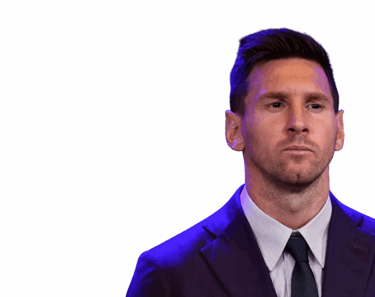 Lionel Messi in a dark suit and tie, looking serious, with a neutral background. Transparent PNG.