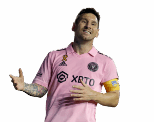 Lionel Messi smiling and gesturing with his hands in the pink Inter Miami CF kit. Transparent PNG.
