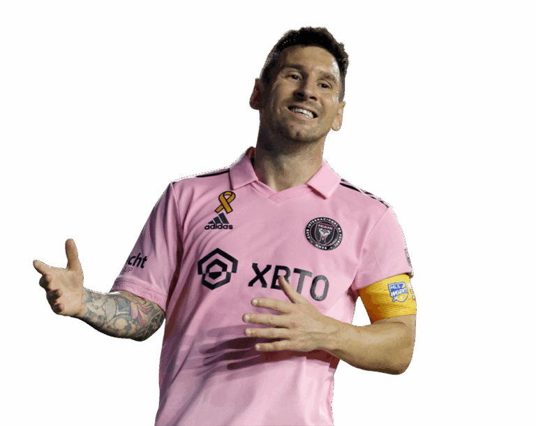 Lionel Messi smiling and gesturing with his hands in the pink Inter Miami CF kit. Transparent PNG.