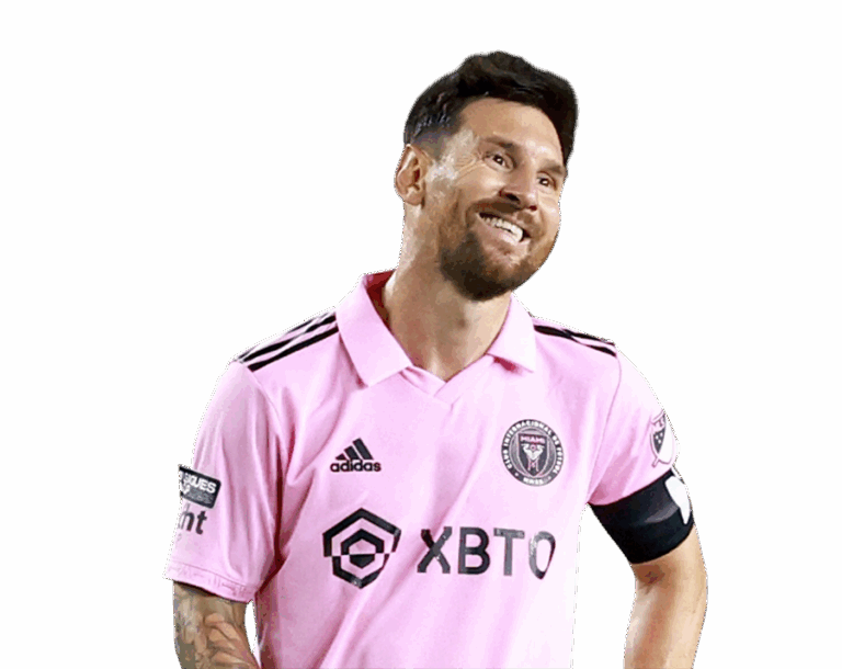 Lionel Messi smiling brightly in his pink Inter Miami CF home jersey. Transparent PNG.