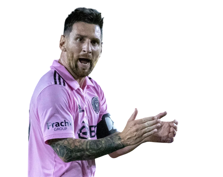 Lionel Messi speaking or directing while clapping his hands in the pink Inter Miami kit. Transparent PNG.