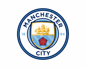 The official circular logo of Manchester City FC featuring a gold-colored sailing ship above a red Lancashire rose, set on a light blue shield, framed in navy blue and white.