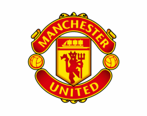 The Manchester United FC logo, featuring a red shield with a Red Devil holding a trident, centered within a red and yellow banner that reads MANCHESTER above and UNITED below.