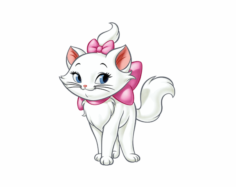 An adorable, standing, cartoon-style white cat illustration with a large pink bow and blue eyes, resembling the Marie character from Disney's The Aristocats.