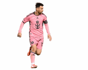Full-body action shot of Lionel Messi in his long-sleeve Inter Miami pink jersey during a match.