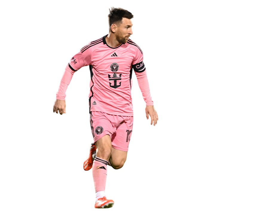 Full-body action shot of Lionel Messi in his long-sleeve Inter Miami pink jersey during a match.