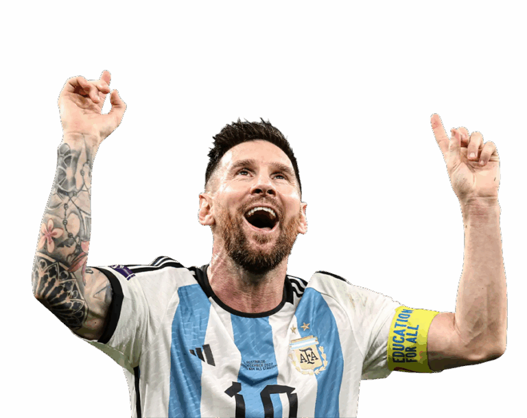 Lionel Messi celebrating with arms raised wearing an Argentina jersey and 'Education For All' armband