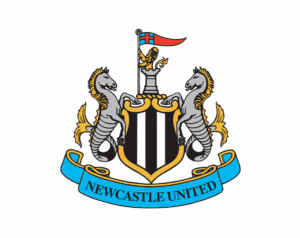 The traditional Newcastle United football club crest, featuring a shield with vertical black and white stripes, flanked by two sea horses (Hippocampi), topped with a turret and a lion.