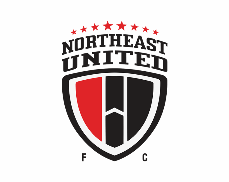 The NorthEast United FC logo, a black, red, and white shield featuring a stylized 'H' like figure in the center and text above representing the eight states of the region.