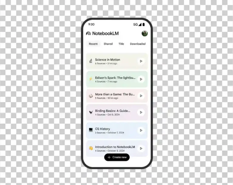 A smartphone screen displaying the mobile interface of the NotebookLM application.