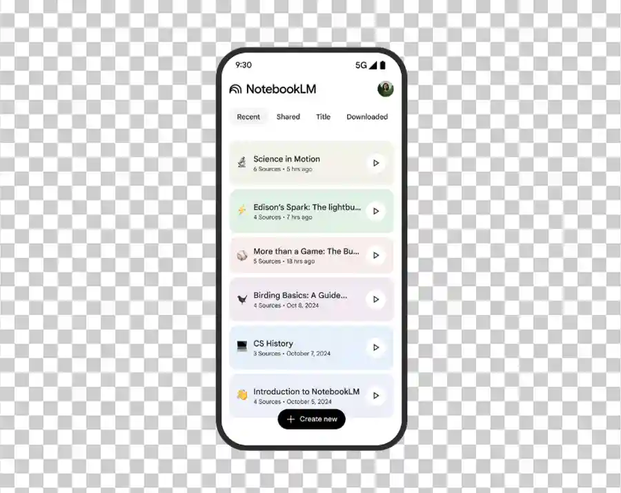 A smartphone screen displaying the mobile interface of the NotebookLM application.