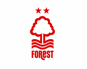 The Nottingham Forest football club logo in red, featuring a stylized oak tree with roots beneath two stars, and the word FOREST at the bottom.