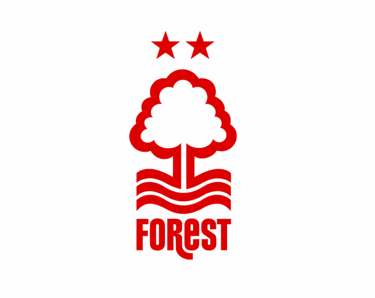 The Nottingham Forest football club logo in red, featuring a stylized oak tree with roots beneath two stars, and the word FOREST at the bottom.
