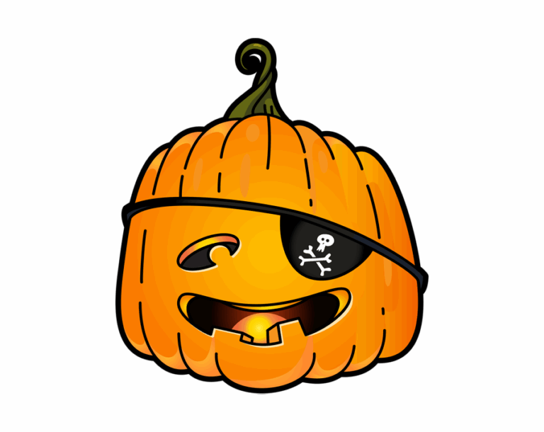 Carved pumpkin (Jack-o'-lantern) illustration winking and grinning, wearing a pirate eye patch with a skull and crossbones emblem.