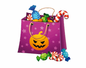 A purple bag with a jack-o'-lantern figure overflowing with Halloween candies and a candy cane.