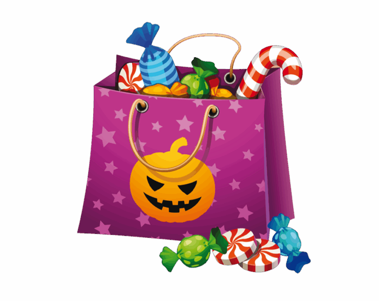 A purple bag with a jack-o'-lantern figure overflowing with Halloween candies and a candy cane.