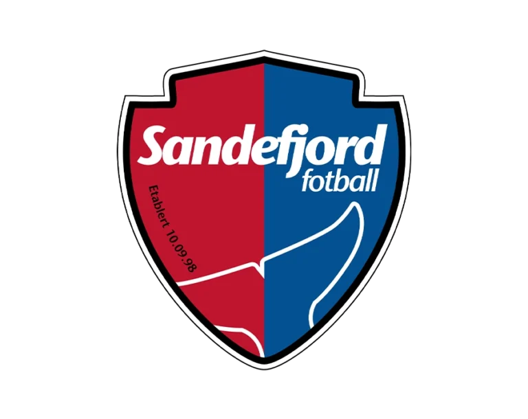 Sandefjord Fotball Club Logo, Shield-Shaped, Left Half Red, Right Half Blue, Featuring "Sandefjord" and "fotball" Text at the Top, a Whale Tail Motif at the Bottom, and Establishment Date (10.09.98).