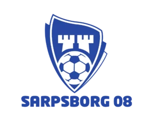 Sarpsborg 08 FF Football Club Logo, Blue Shield Shape, Featuring a Motif of Two Towers Representing the City's Fortress and a Football Silhouette at the Bottom.