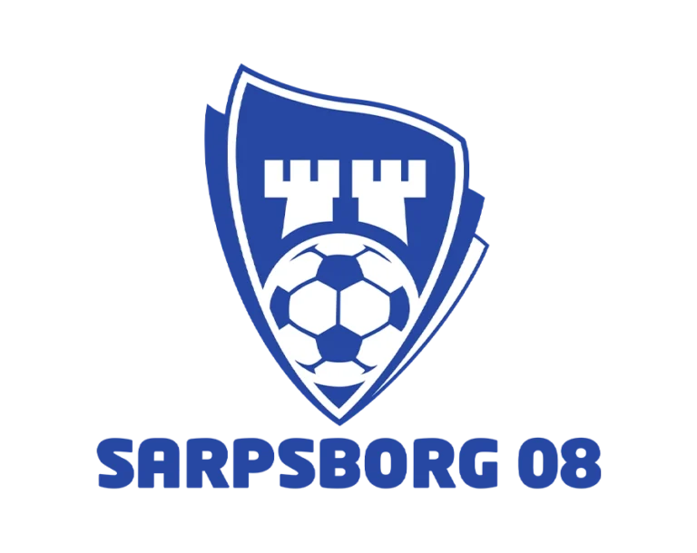 Sarpsborg 08 FF Football Club Logo, Blue Shield Shape, Featuring a Motif of Two Towers Representing the City's Fortress and a Football Silhouette at the Bottom.