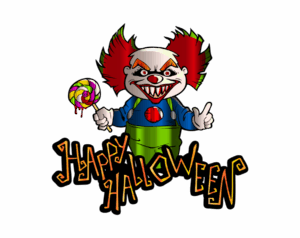 Spooky Halloween clown illustration with red hair, sharp teeth, and holding a bloody lollipop, set against a black background with "HAPPY HALLOWEEN" text below.