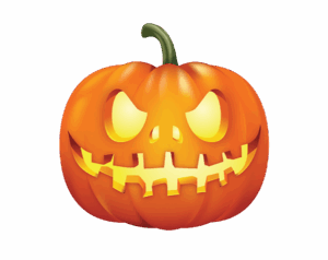 Transparent PNG image of a scary, orange Halloween jack-o'-lantern with glowing yellow eyes and a jagged mouth.