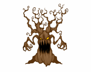 Spooky cartoon tree monster with thin, gnarled branches, glowing yellow eyes, and a wide-open, sharp-toothed mouth.