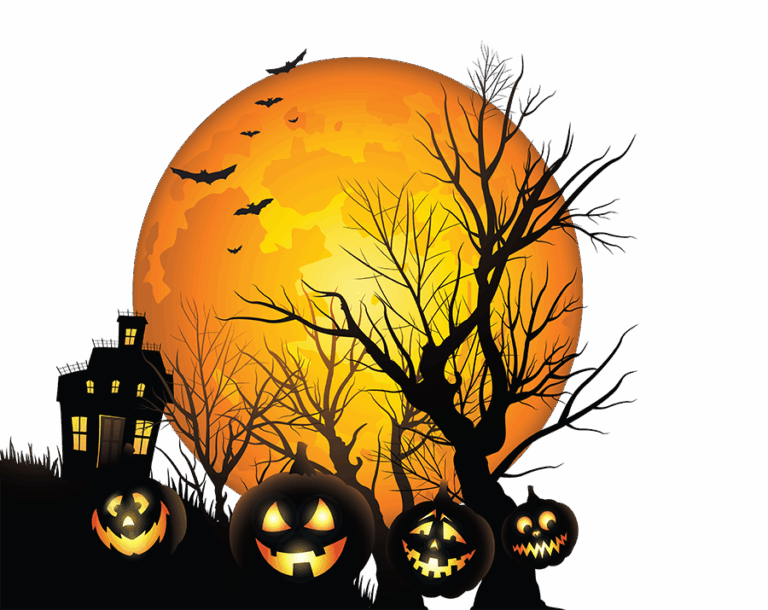 Silhouette of glowing Halloween Jack-o'-Lanterns, a haunted house, dead trees, and bats against a giant orange full moon.