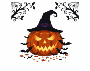 Transparent Halloween PNG image of a scary-faced orange jack-o'-lantern wearing a witch hat, with bats flying around and candy corn on the ground.
