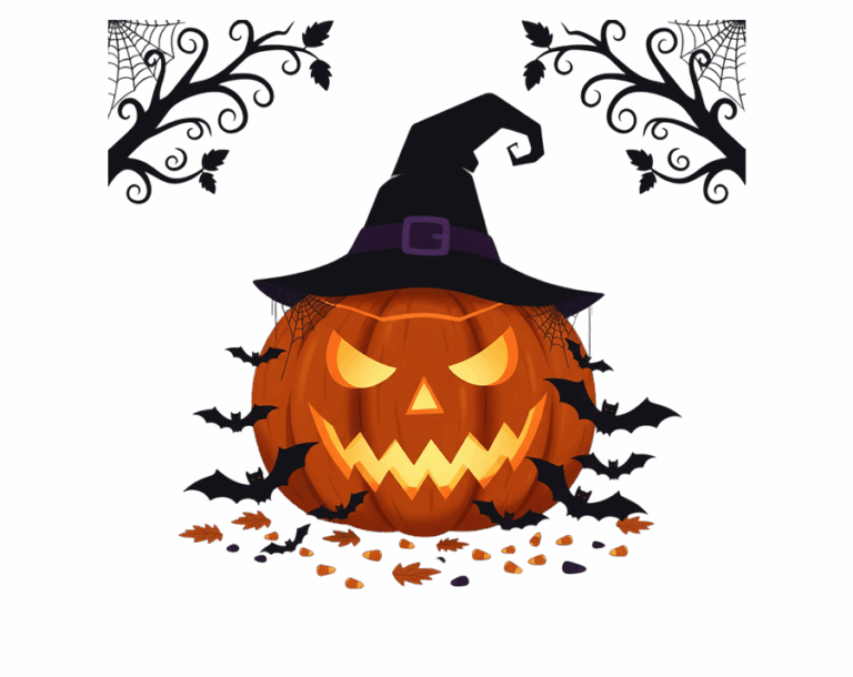 Transparent Halloween PNG image of a scary-faced orange jack-o'-lantern wearing a witch hat, with bats flying around and candy corn on the ground.