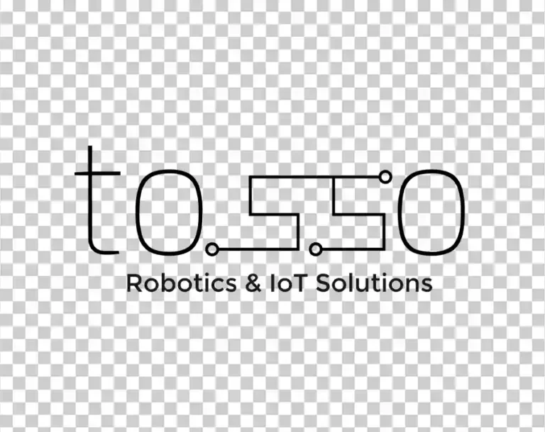 The logo featuring the text "t,o,s,s,o" in a black, thin-line typeface resembling a circuit board or electrical schematic, with the tagline "Robotics & IoT Solutions" underneath.