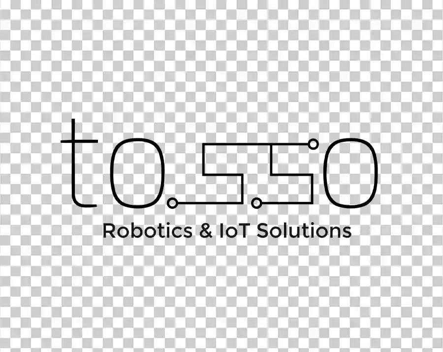 The logo featuring the text "t,o,s,s,o" in a black, thin-line typeface resembling a circuit board or electrical schematic, with the tagline "Robotics & IoT Solutions" underneath.