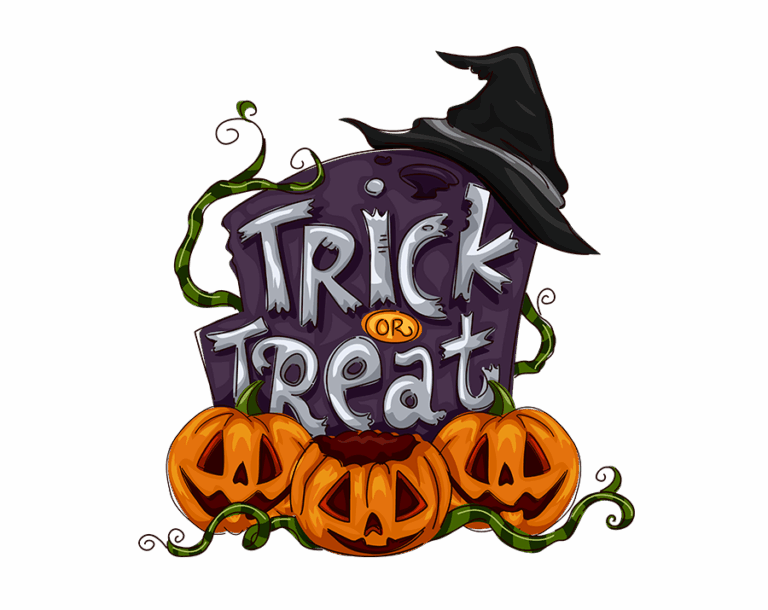 Transparent Halloween illustration of a gravestone with "Trick or Treat" lettering, a witch hat on top, and three pumpkins surrounding it.