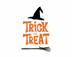 "Trick or Treat" in bold, slightly gothic-style orange lettering. Features a black witch hat on top and a black broomstick at the bottom. Transparent background Halloween graphic.