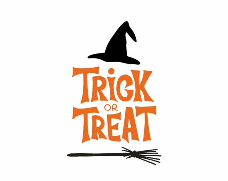 "Trick or Treat" in bold, slightly gothic-style orange lettering. Features a black witch hat on top and a black broomstick at the bottom. Transparent background Halloween graphic.