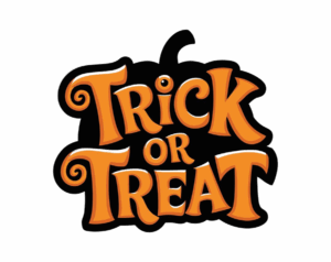 Transparent Halloween font PNG image of "TRICK OR TREAT" lettering in bold, curvy orange letters resembling a pumpkin shape.