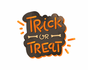 Transparent Halloween font PNG image of "TRICK OR TREAT" hand-lettering in orange on a brown cloud, with bone illustration in the middle.