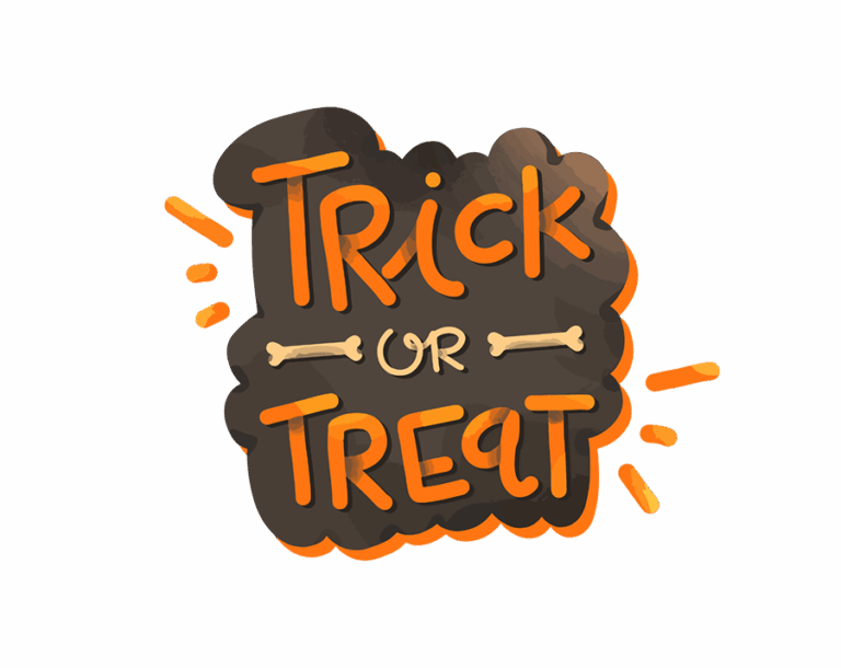 Transparent Halloween font PNG image of "TRICK OR TREAT" hand-lettering in orange on a brown cloud, with bone illustration in the middle.