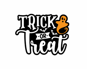 Transparent Halloween PNG image of "TRICK OR TREAT" lettering in black and white script with an orange ghost and bat silhouettes.