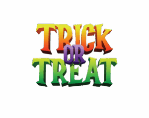 Transparent Halloween PNG image of "TRICK OR TREAT" lettering in bold 3D style with an orange, purple, and green gradient.