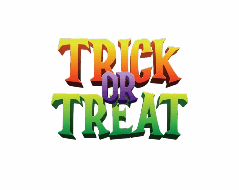 Transparent Halloween PNG image of "TRICK OR TREAT" lettering in bold 3D style with an orange, purple, and green gradient.