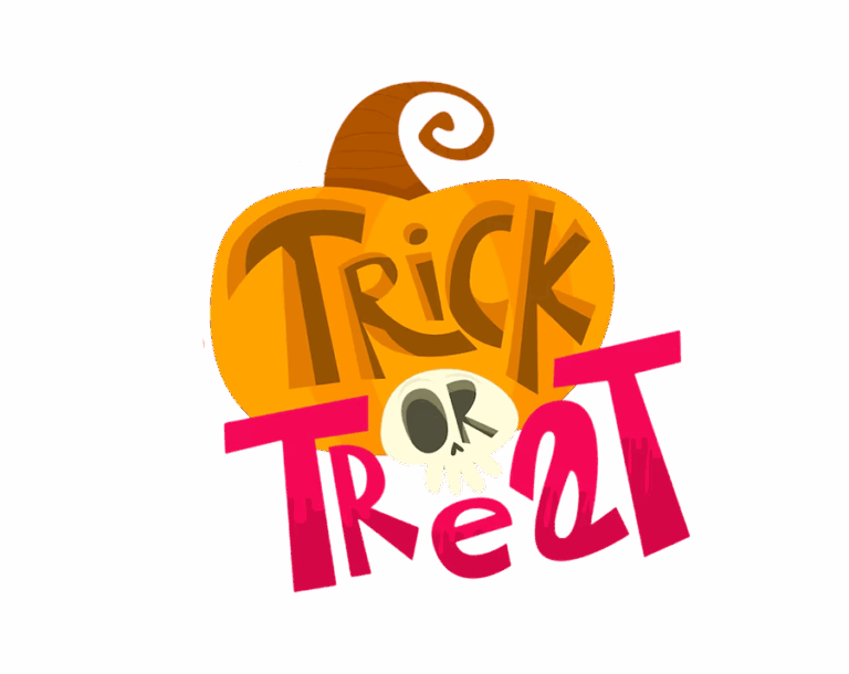 Transparent Halloween PNG image of "TRICK OR TREAT" lettering in orange and magenta/pink with pumpkin and skull motifs.