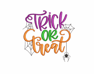 Transparent Halloween PNG image of "TRICK OR TREAT" embroidery-style lettering in purple, green, and orange, with a spiderweb and a spider.