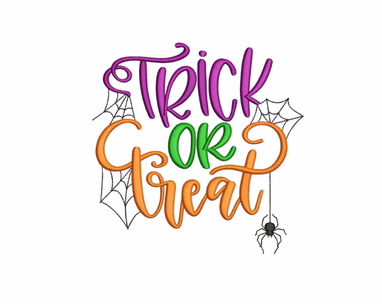 Transparent Halloween PNG image of "TRICK OR TREAT" embroidery-style lettering in purple, green, and orange, with a spiderweb and a spider.